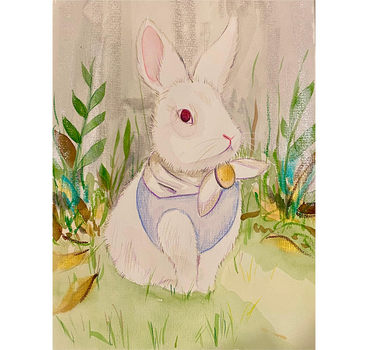 Watercolour, pencil and crayon on paper