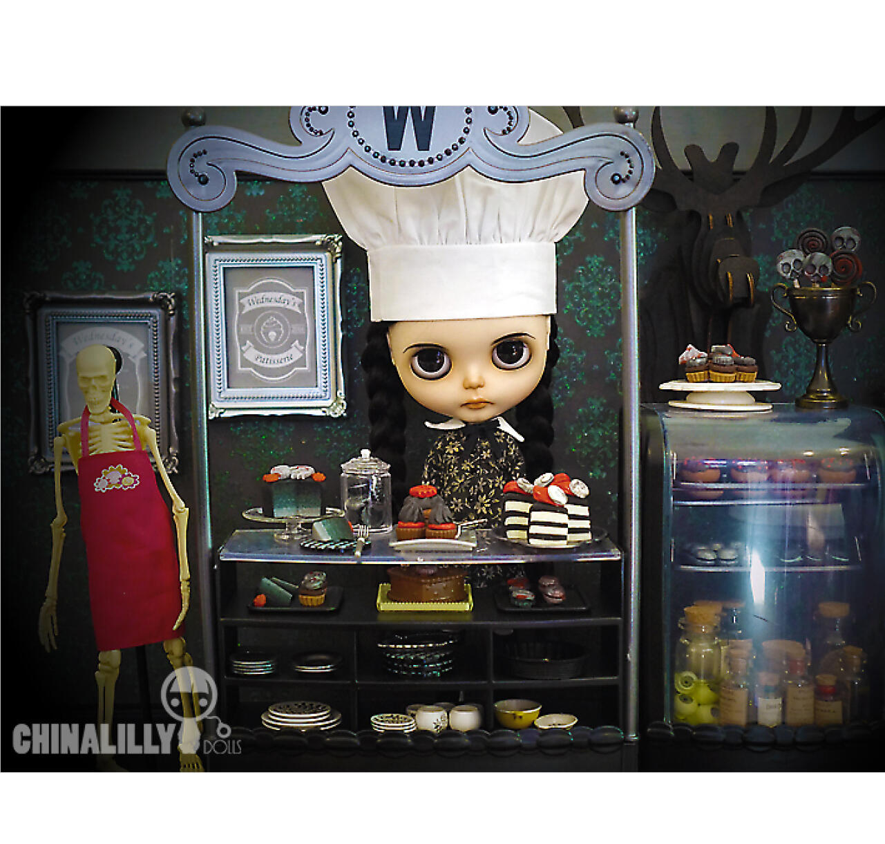 A doll dressed as Wednesday Addams runs a bakery