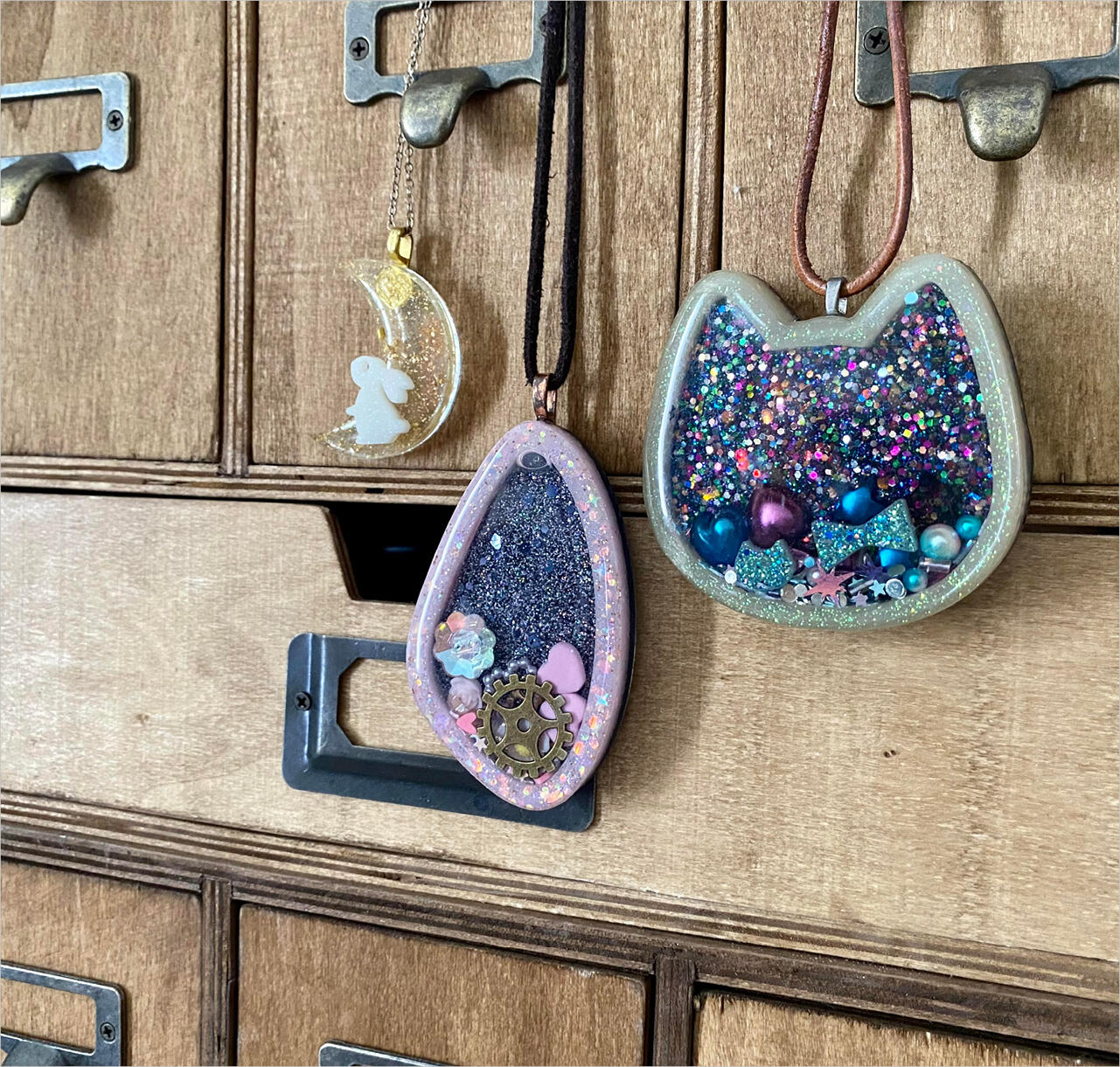 Necklaces with Rabbit charm, teardrop charm and cat shaped charm